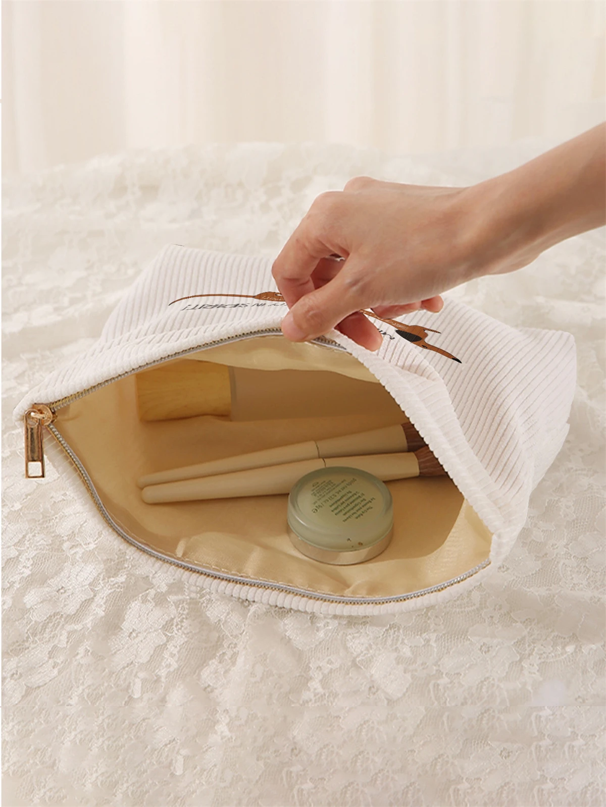 Sausage dog pattern printed corduroy makeup bag, lightweight zipper makeup storage box, multifunctional bag with lining