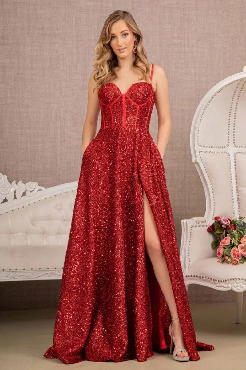 

Spaghetti Strap Sequin Cocktail Long Dresses Sweetheart Corset A Line Prom Dress With Split Open Back Lace Up Evening Party Gown