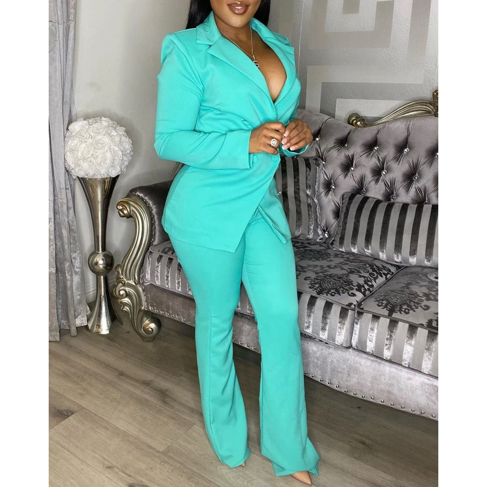 Elegant Women Nothched Collar Double Breasted Blazer Top & Pants Flared Set Streetwear Two Pieces Suit Set for Office Lady 2024