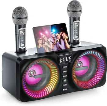 Karaoke Machine for Kids Adults, Portable Bluetooth Speaker with 9 Modes LED Lights,Lyric Display&2 UHF Wireless Microphones 1