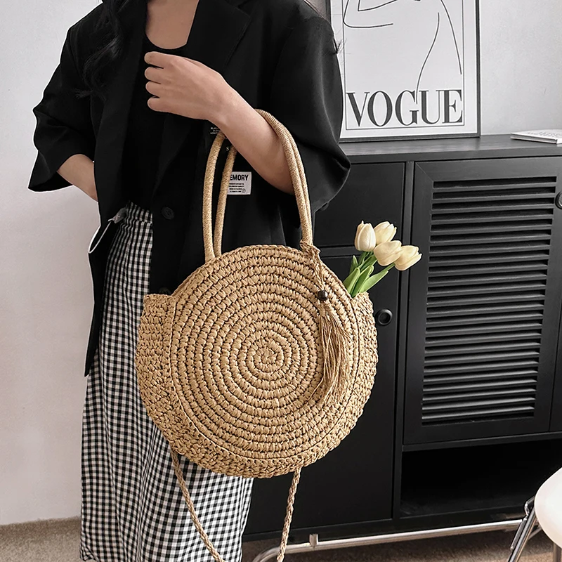 

Simple Casual Round Ladise Shoulder Messenger Bag New Fashion Hundred Commuter Handbags Summer Hot Beach Straw Woven Tote Bags