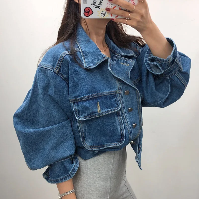 

Cropped Oversized Denim Jacket Women Spring Autumn Outerwear Stylish Puff Sleeve Washed Blue Ladies Jeans Jackets Coat