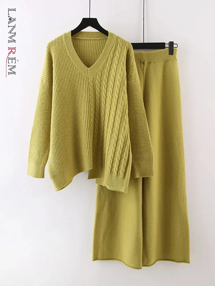 

LANMREM Casual Women Knitted Set Solid Color Loose V Neck Pullover Sweater Wide Leg Trousers Versatile 2023 Winter New 2AA3426