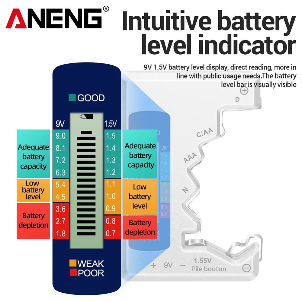 Battery Tester ANENG LCD Display C AA AAA D N 9V 1.55V Universal Button Cell Volt Capacity Check Detector Capacitance Tools