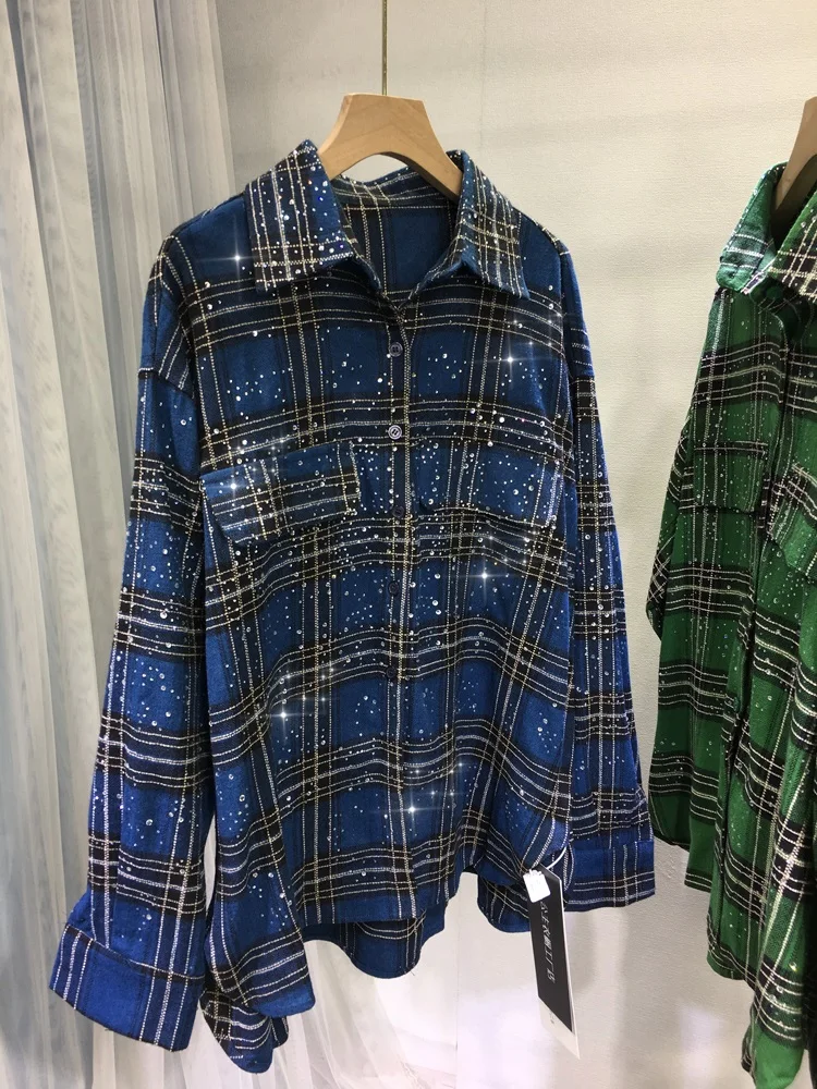 

Classic Plaid Hot Drilling Men/women Blouses New Autumn Winter Mid-long Full Sleeve Cardigans Top Diamonds Loose Oversize Shirt