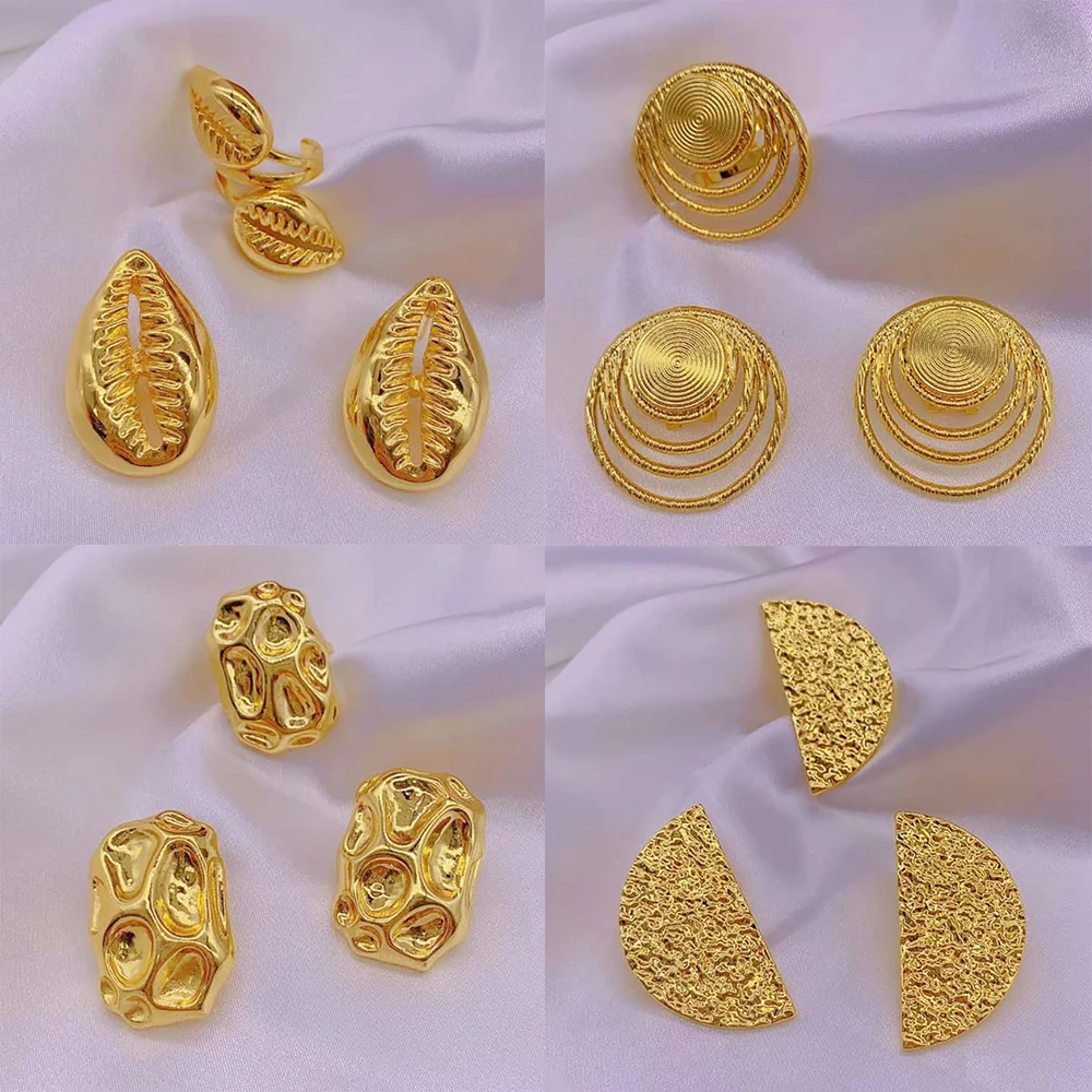 4Sets Jewelry Sets for Women Classic Wedding Gold Color Clip Earrings Adjustable Ring Ladies Birthday Gifts Jewelry Accessories