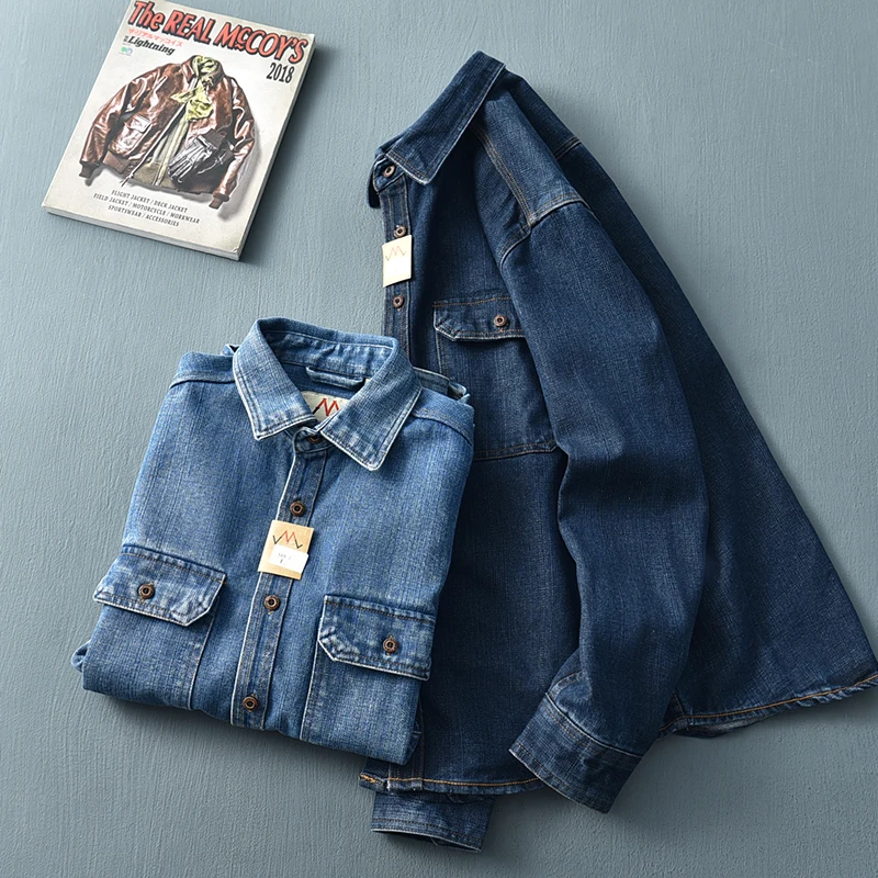 Men Denim Shirt Work Jacket Long Sleeve