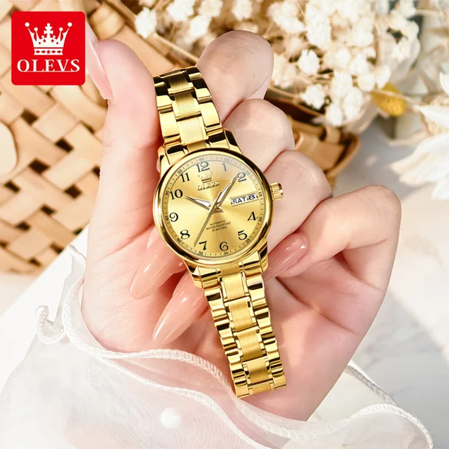 OLEVS 7072 Fashion Simple Women Watch Brand Digital Dial Dual Calendar Luxury Gold Women Automatic Mechanical Watch Reloj Mujer