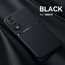 Luxury Car Magnetic Holder Silicone Phone Case with Leather Texture - Honor 90 5G (Black)