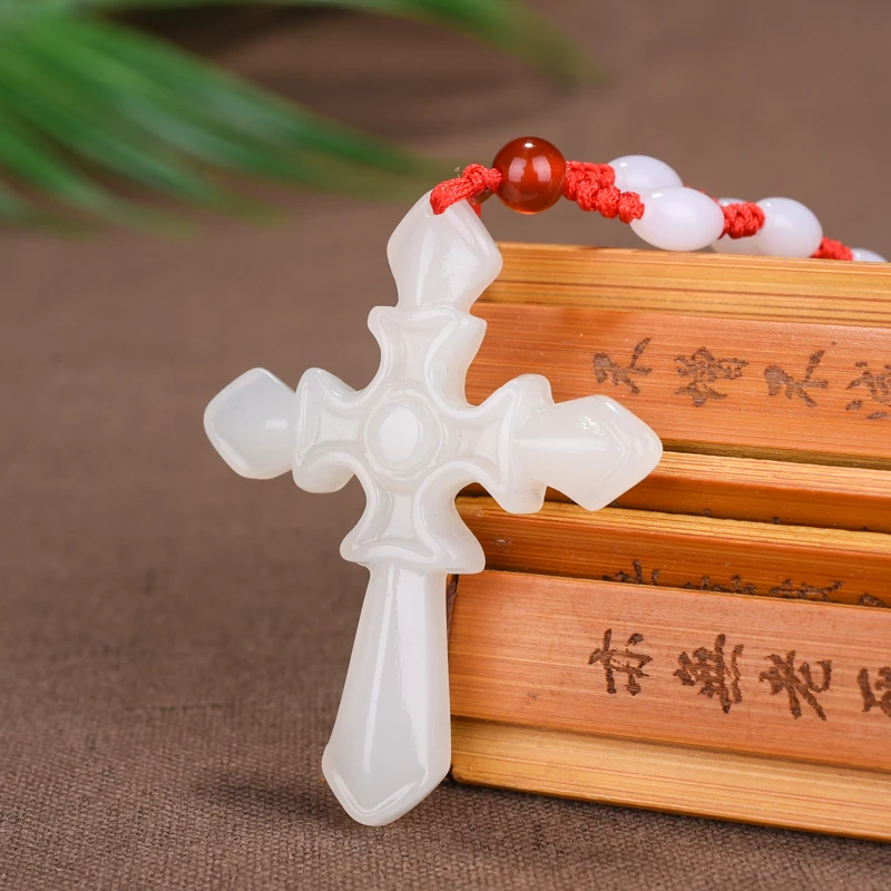 Fashion Chinese Green Jade Cross Pendant Necklace Hand Carved Charm Jadeite Natural Jewelry Amulet for Men Women Gifts White
