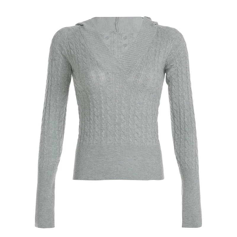 Solid Twist Knit Fitted Sweater Top V Neck with Hooded Women Long Sleeve Pullovers Knitwear Casual Basic Y2K Outfits