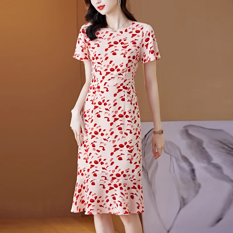 

2023 New Fashion Advanced Silk Printed Dress Summer Elegant Versatile Round Neck Loose Fit Casual Holiday Dress Vestidos