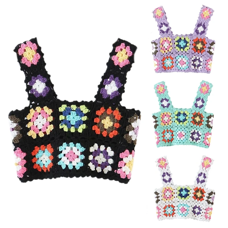 

Women Crochet for Tank Top Multicolor Floral Knit Vest Beach Cropped Cami S