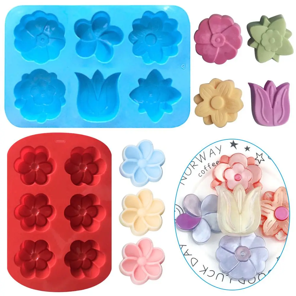 3D 6 Cavities Creative Flower Shaped Silicone DIY Handmade Soap Mold Fondant Cake Decorating Candle Mold Pudding Candy