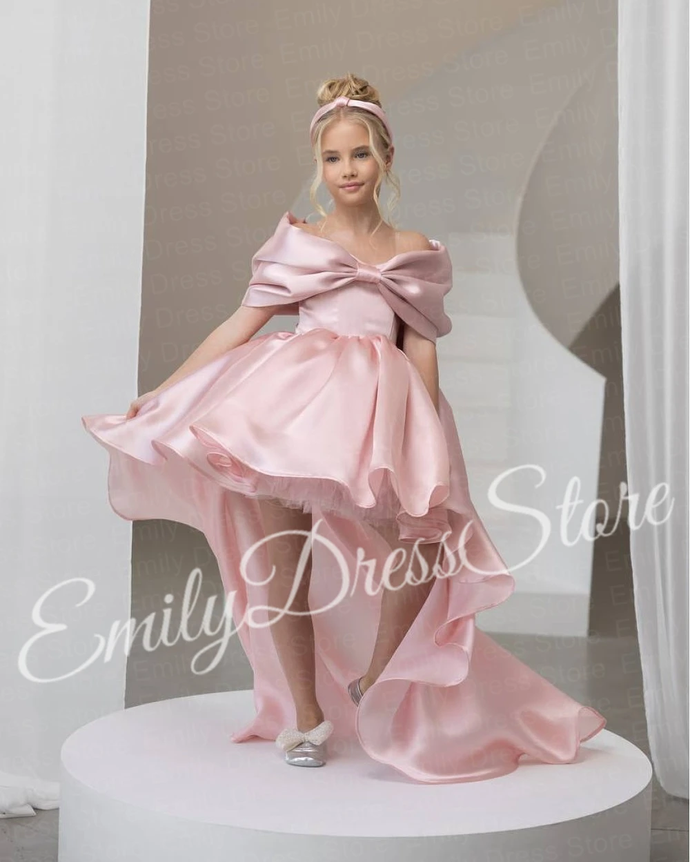 Customized Pink Flower Girl Dress For Wedding Satin Puffy Simple With Tail Kids Birthday Pageant First Communion Ball Gown