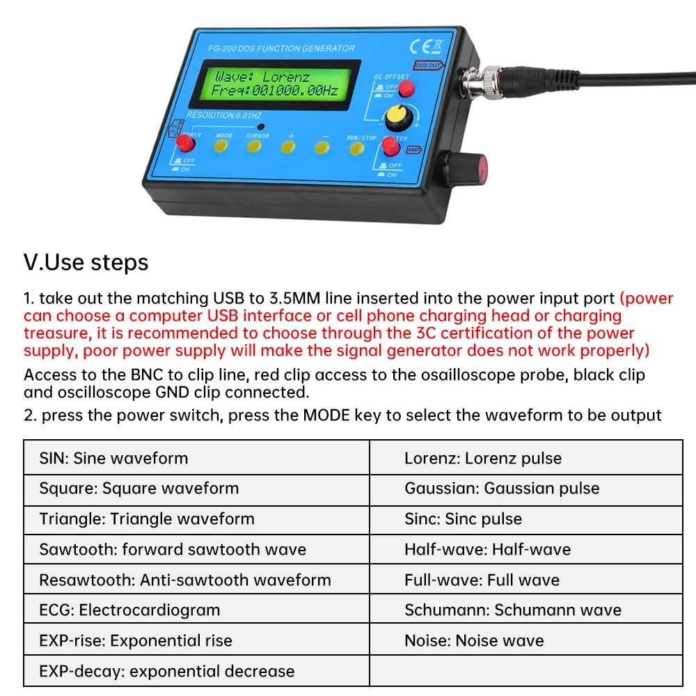 0.01Hz-500KHz FG-200 DDS Function Signal Generator Frequency Counter Signal Source Module Sine+Square+Triangle+Sawtooth Waveform 4