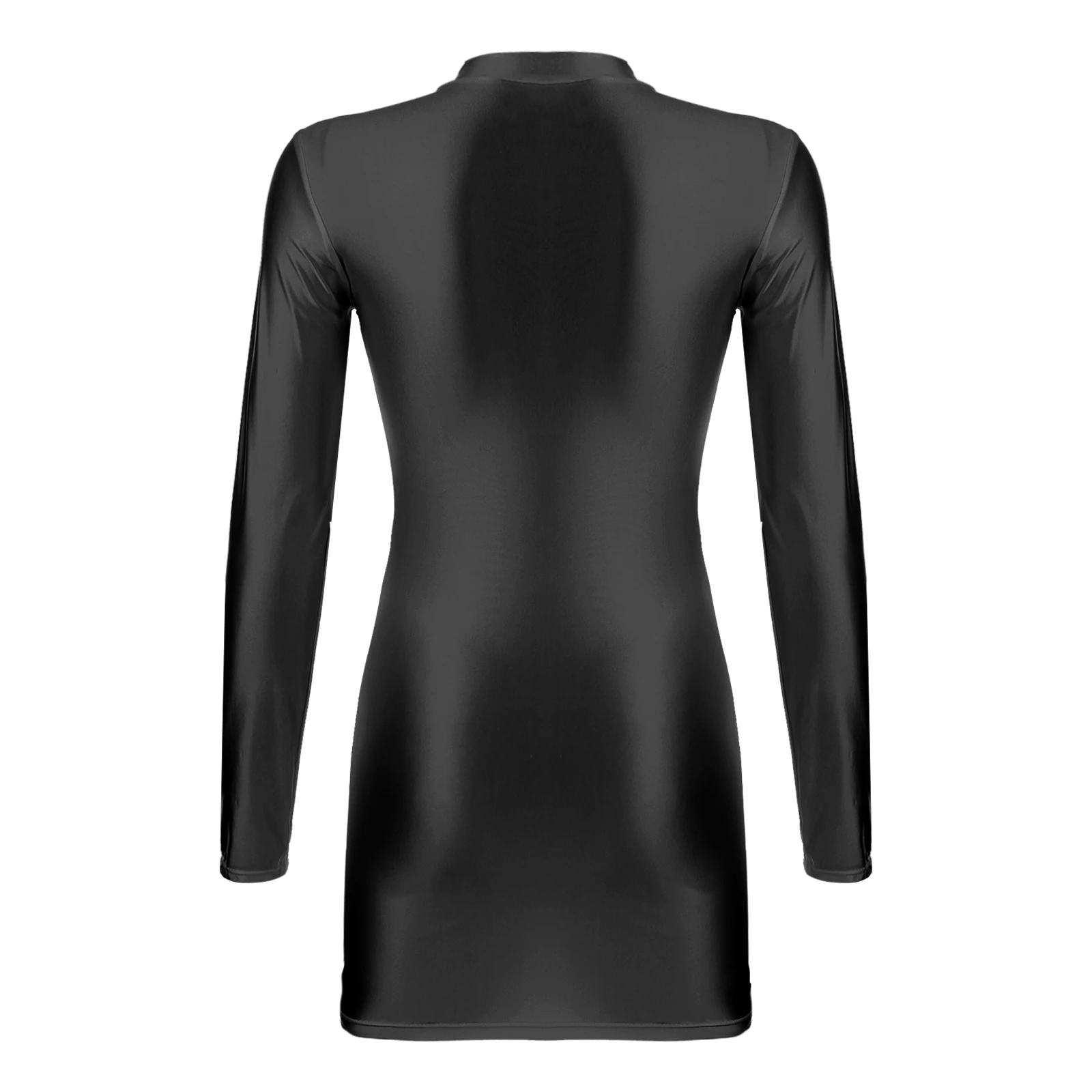Womens Glossy Bodycon Dress Long Sleeve Mini Pencil Dress Nightwear Smooth Stretchy Mock Neck Tight Dresses Rave Party Clubwear 6
