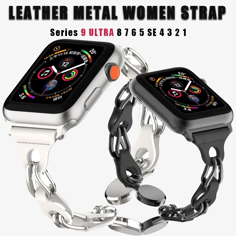 

Leather Strap for Apple Watch Series 9 Ultra 49mm 40mm 38mm 41mm Women Metal Bracelet for Iwatch 8 7 6 5 4 Se 3 2 45mm 44mm 42mm