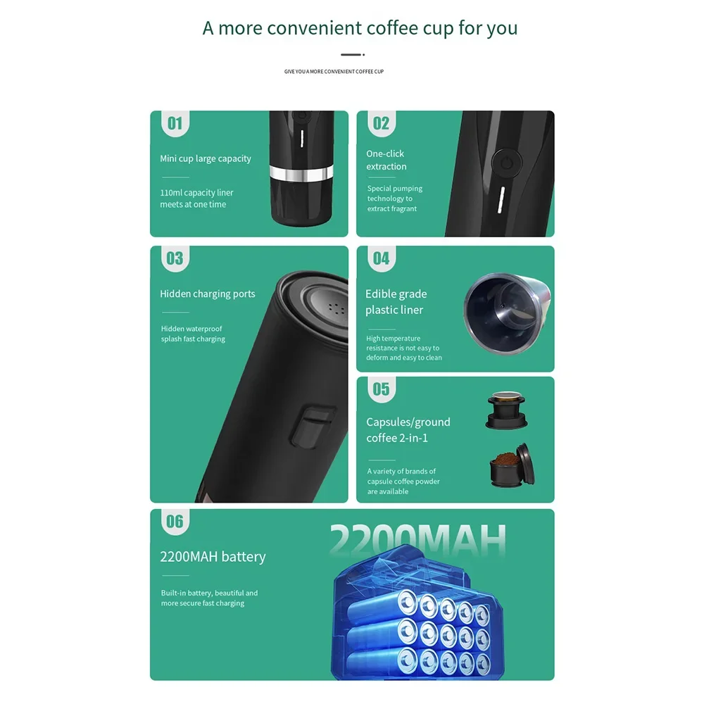 Description Picture 3 of item2200mAh Portable Capsule Coffee Machine Extraction and Brews Coffee Capsules and Coffee Powder for Car Camping Travel Outdoor