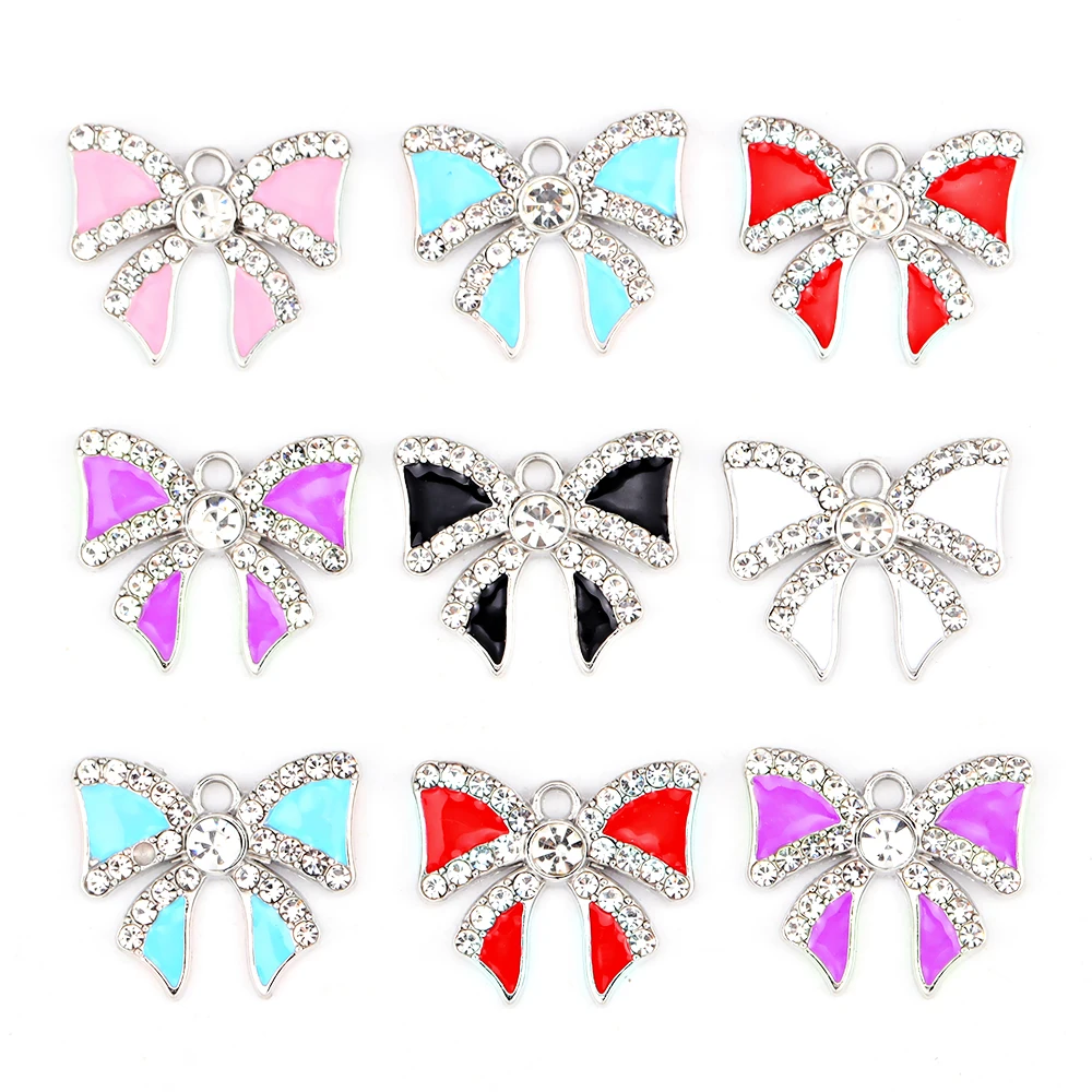 

10Pcs Silver Color Rhinestone Bow Zinc Alloy Charm Necklace Earrings Pendant For Women's Party Jewelry Anniversary Gift Amulet