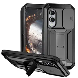 Premium Metal Case with Screen Protector, Slide Camera Cover, Kickstand, and Heavy Duty Shockproof Design - Galaxy S25 FE (Black)