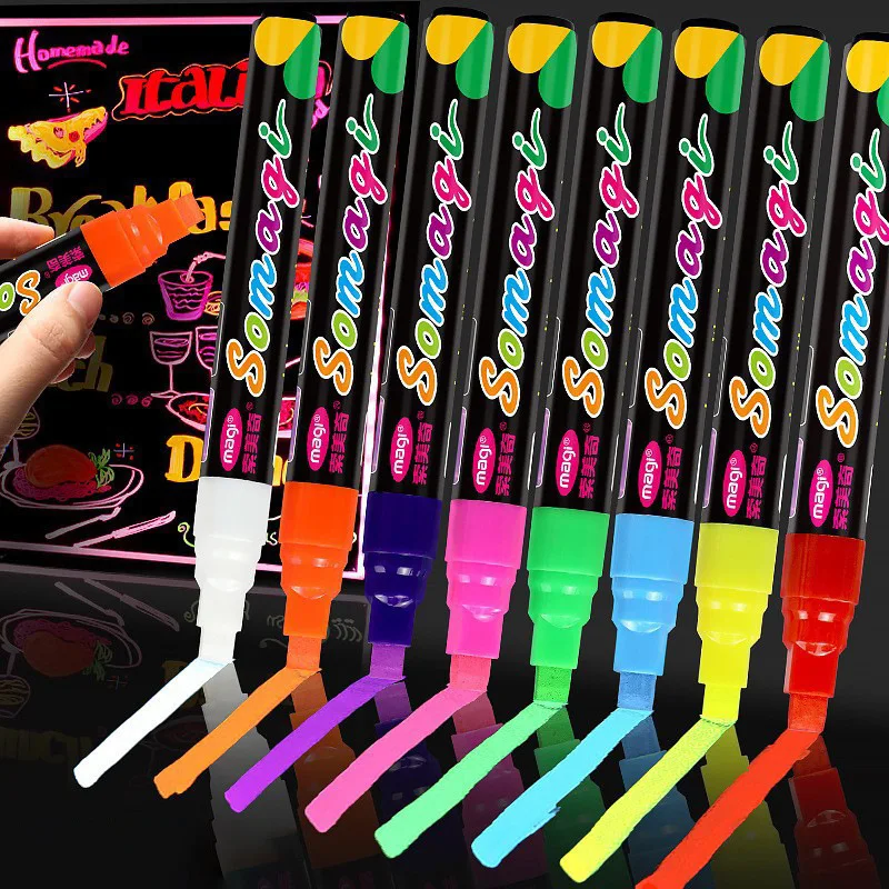Highlighter Pen Magic Pen Magic Light Pen Marker Pen 8 Colors/Set Fluorescent Pen Lamp Board Pen LED Fluorescent Board Luminous Advertising Can Wipe Liquid Chalk