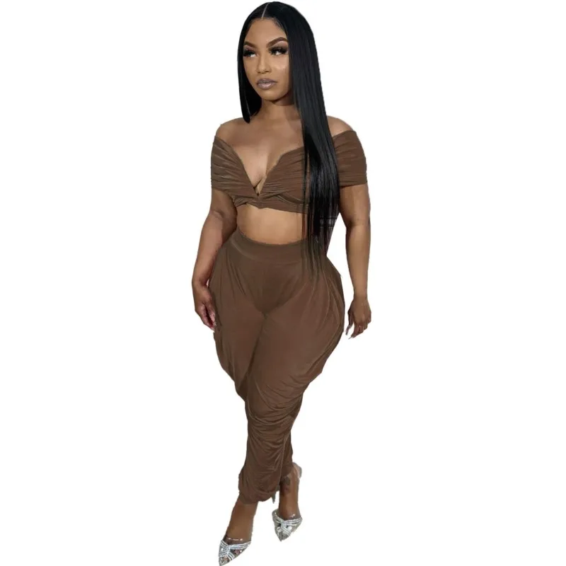 

2 Piece Women Sets 2024 New Arrival Summer Solid Sexy One Shoulder Sleeveless Tops Deep V Pleated Pants Suit Tracksuit Outfits