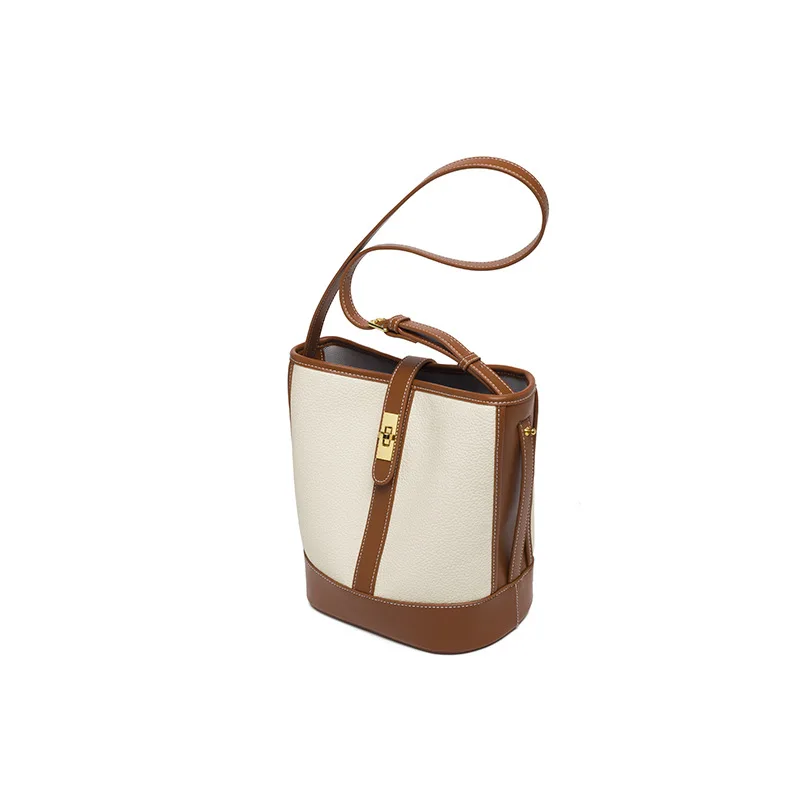 Maxdutti Fashion Retro Canvas Stitching Soft Leather Shoulder Messenger Bag Large Capacity Bucket Bag Female Commuter Versatile