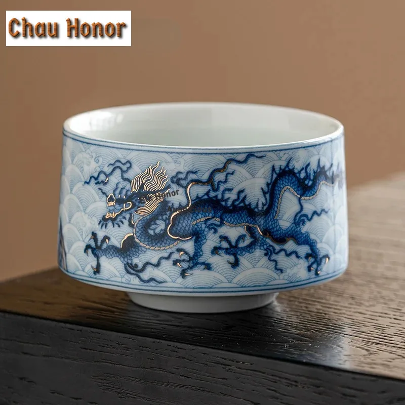 120ml  High-end Gold Silver Inlaid Ceramic Teacup Blue and White Dragon Master Cup Straight Mouth Personal Tea Bowl Jianzhan Mug