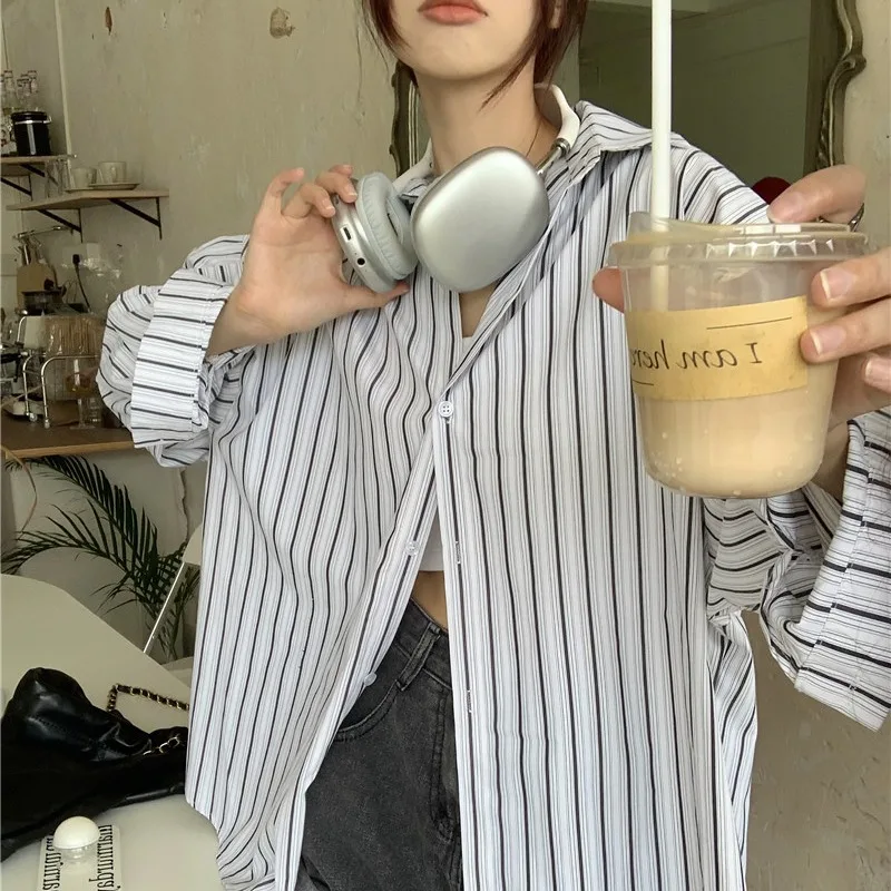 Women's Spring Summer Fashion Polo Neck Stripe Style Versatile Long Sleeved Loose Single Row Multi Button Mid Length Shirt Tops
