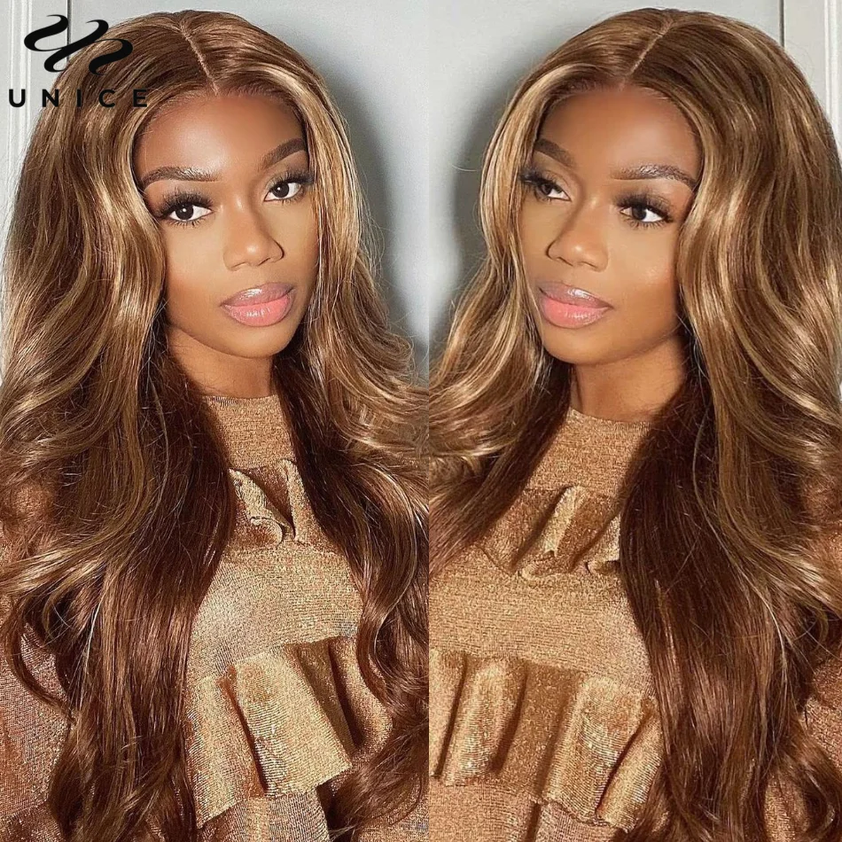 UNice Hair Pre Bleached Knots 7x5 Lace Wig TL412 Brown Blonde Highlight Body Wave Wig Human Hair Lace Front Glueless Wear Go