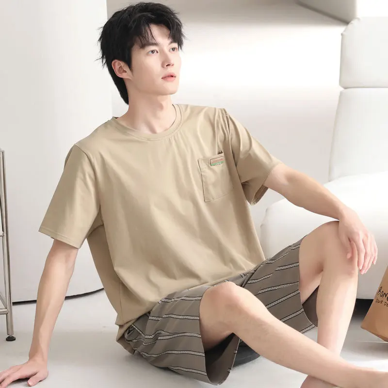 2피스 세트 남성용 여름 홈웨어, 통기성 좋은 면 소재 나이트웨어, 젊은 남성용..