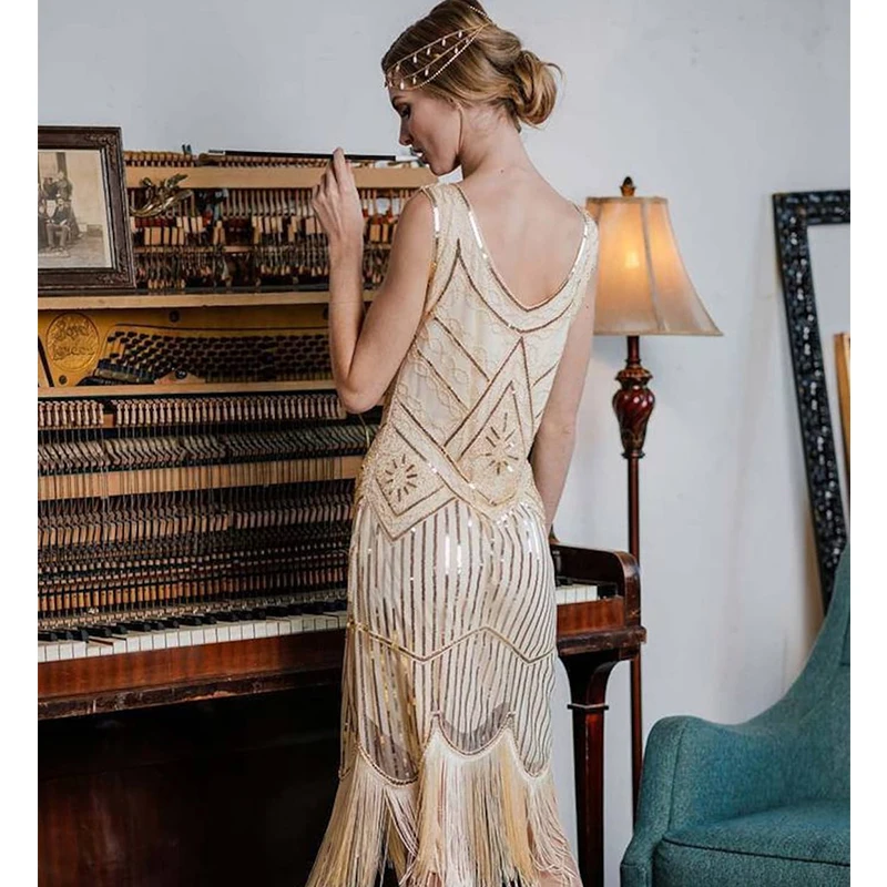 Buy Radtengle Women's 1920s Flapper Dress V Neck Fringe Beaded Great Gatsby  Party Dress Black/Light Gold at Amazon.in