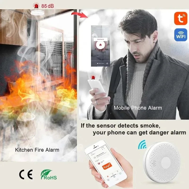 2 in 1 Version WiFi Tuya Smart Co & Smoke Dual Sensor Fire Alarm Carbon Monoxide Detector Sound Alert Parlor Room Kitchen Shop