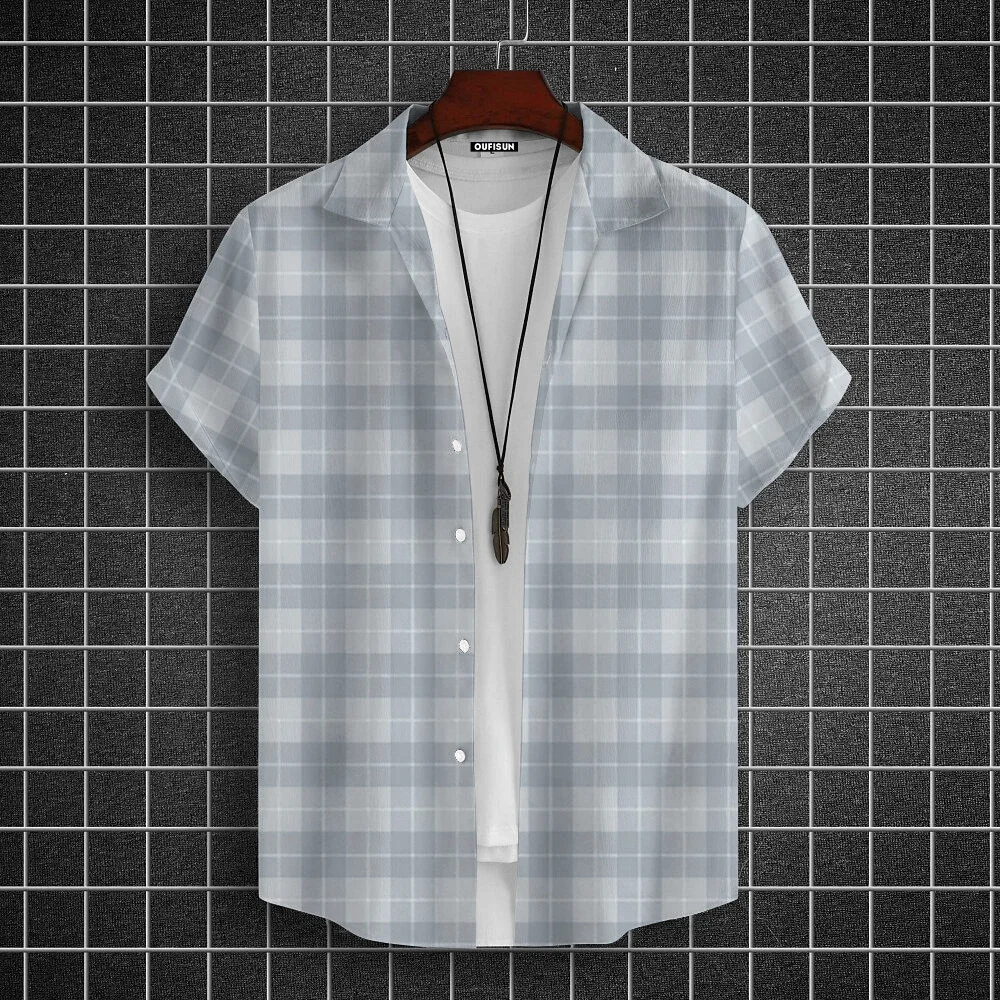 Casual Basic Shirt For Men Essential Leisure Short Sleeve Plaid Shirts Men Big Size Loose Fit Button Up Classic Plaid Men Shirt 3