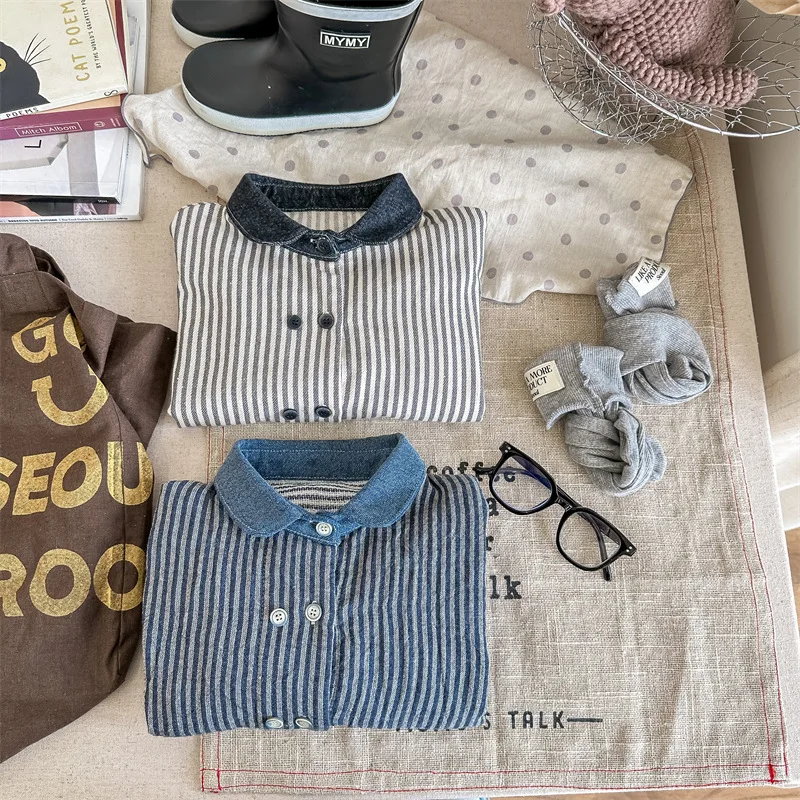 deer jonmi Autumn Baby Boys Striped Denim Shirts Long Sleeve Korean Style Children Casual Tops Coats