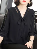 Women Spring Summer Style Blouses Tops Lady Casual Bow Tie Colloar Half Lace Sleeve Loose Blusas Tops DF4275 - Image 2