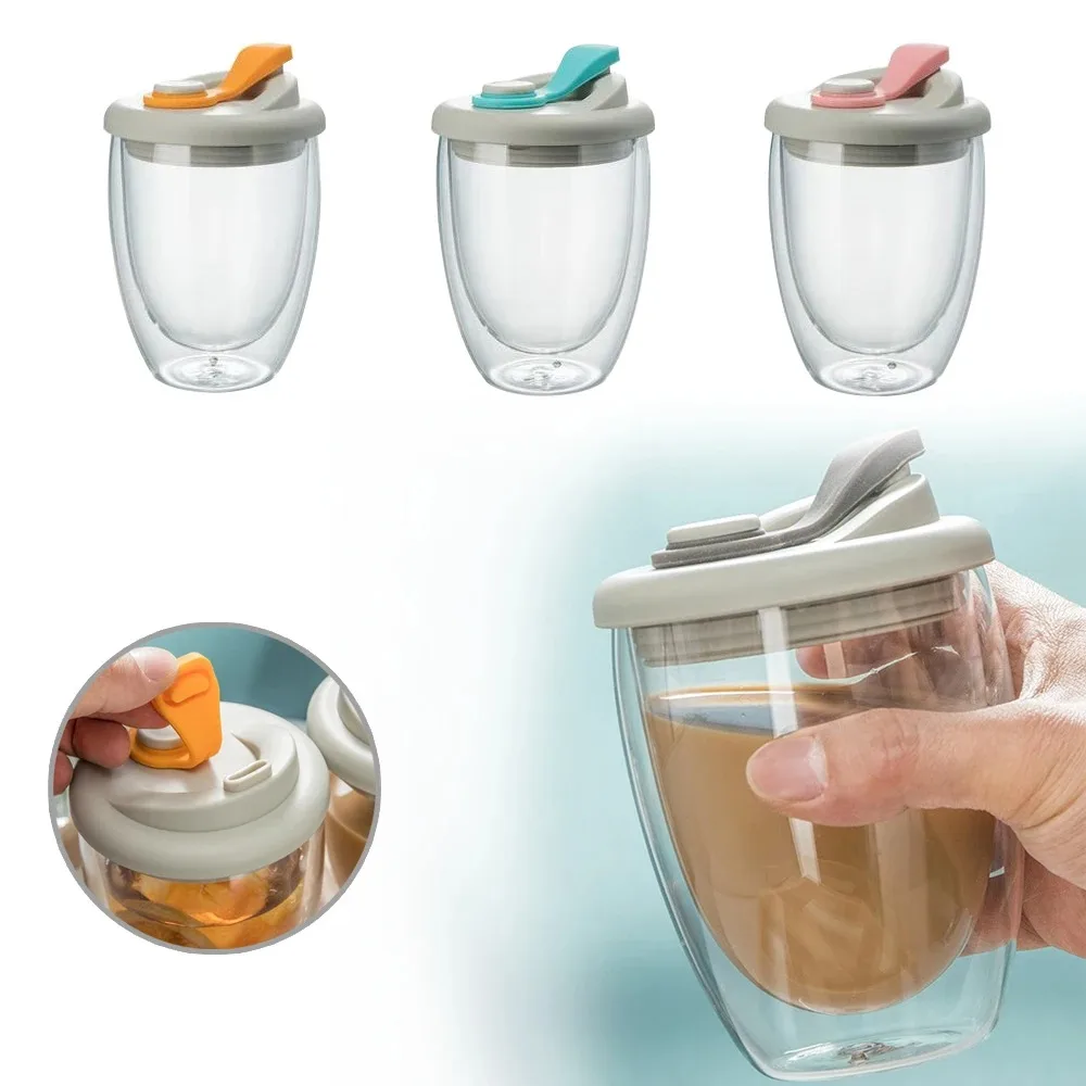 

350/450ml Double Wall Glass Cup with Silicone Leak-Proof Lid Heat Insulation Clear Coffee Mug Tea Juice Cup Portable Water Cups
