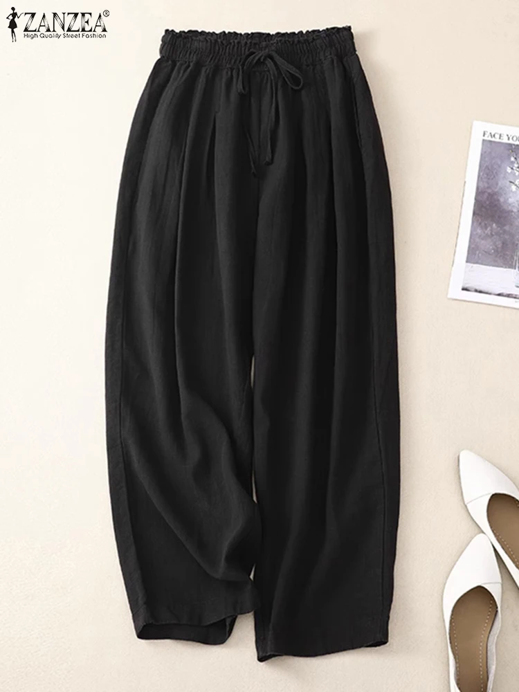 

2023 ZANZEA Woman Fashion OL Work Pant Elegant Street Trousers Female Casual Cotton Palazzo Vintage Solid Color Overall Oversize