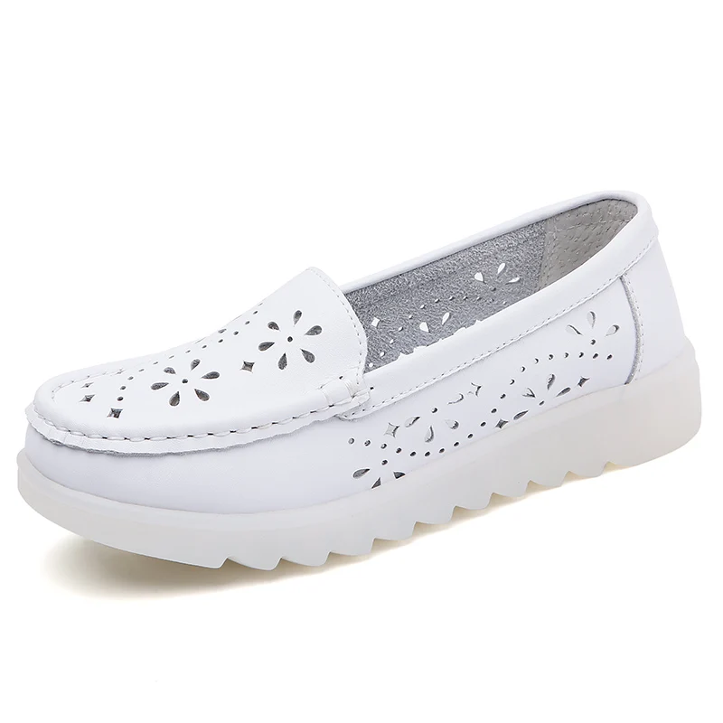 

Women Nurse Shoes White Genuine Leather Shoes Girls Comfortable PVC Soft Sole Work Shoes Non-Slip Hollow Out Flat Shoes 1899