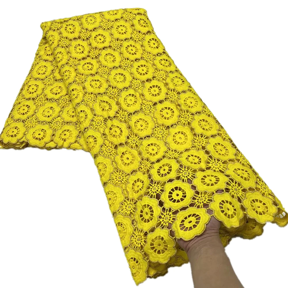 

Африканское кружево, гипюр, Цветочная вышивка, кружевная ткань в желтом водорастворимом нигерийском шнурке, кружевная ткань для фотографий 5 ярдов