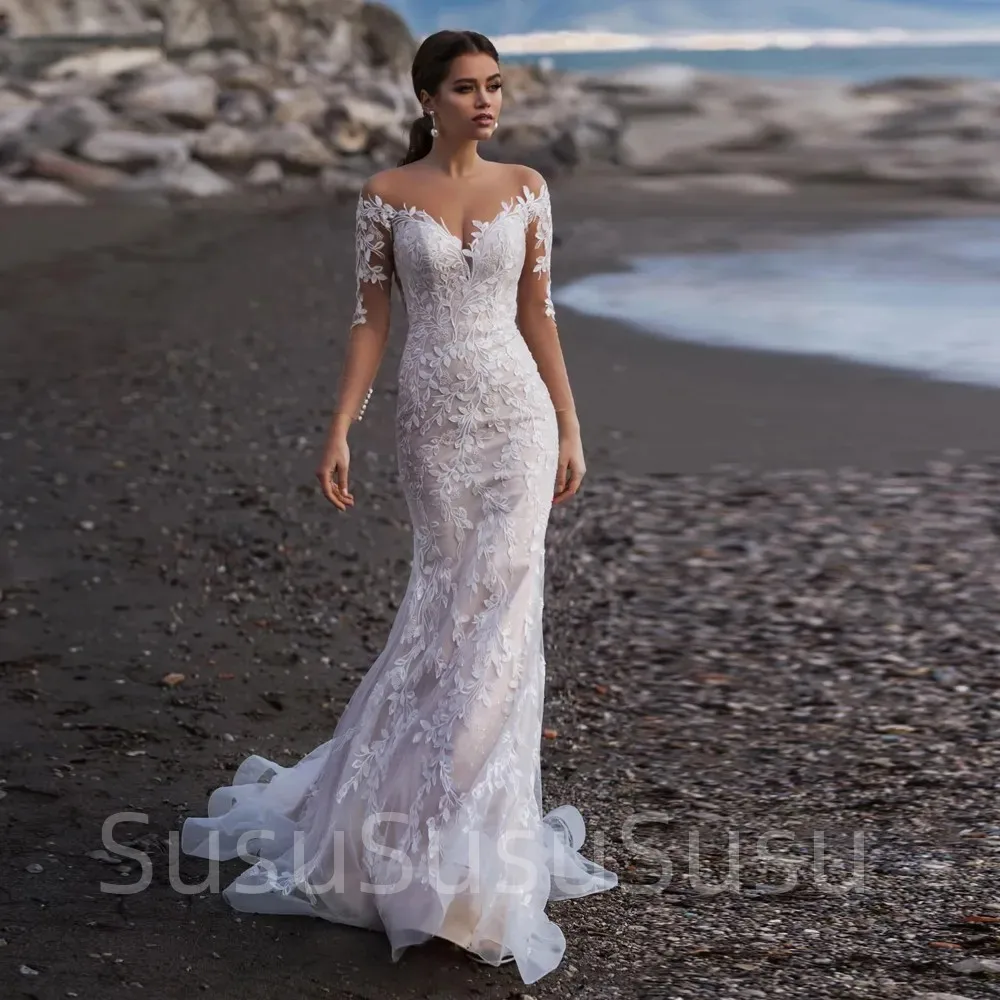 

Beach Long Sleeves Tulle Mermaid Wedding Dress Elegant V-Neck Lace Appliques Illusion Back With Button Bridal Gown Custom Made