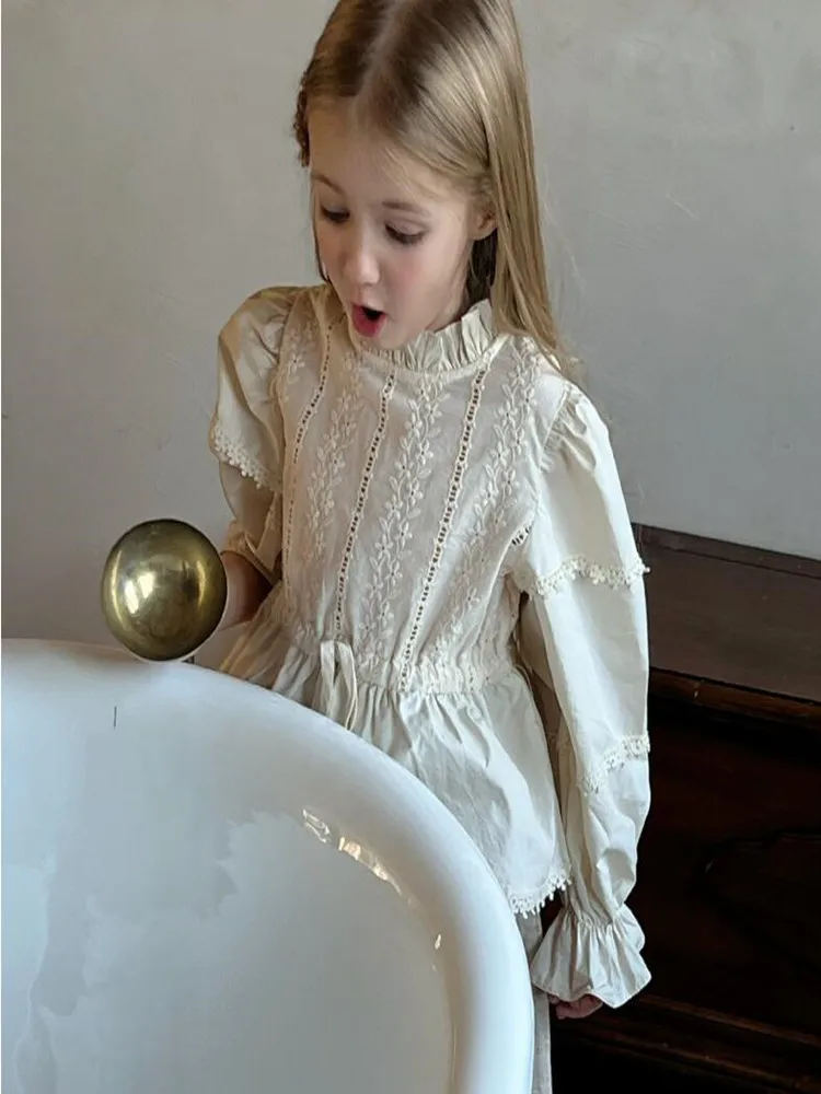 New Stlye Girls Lace Shirt Spring Cotton Full Sleeve Fashion Girls Blouse 2-7 year WW135