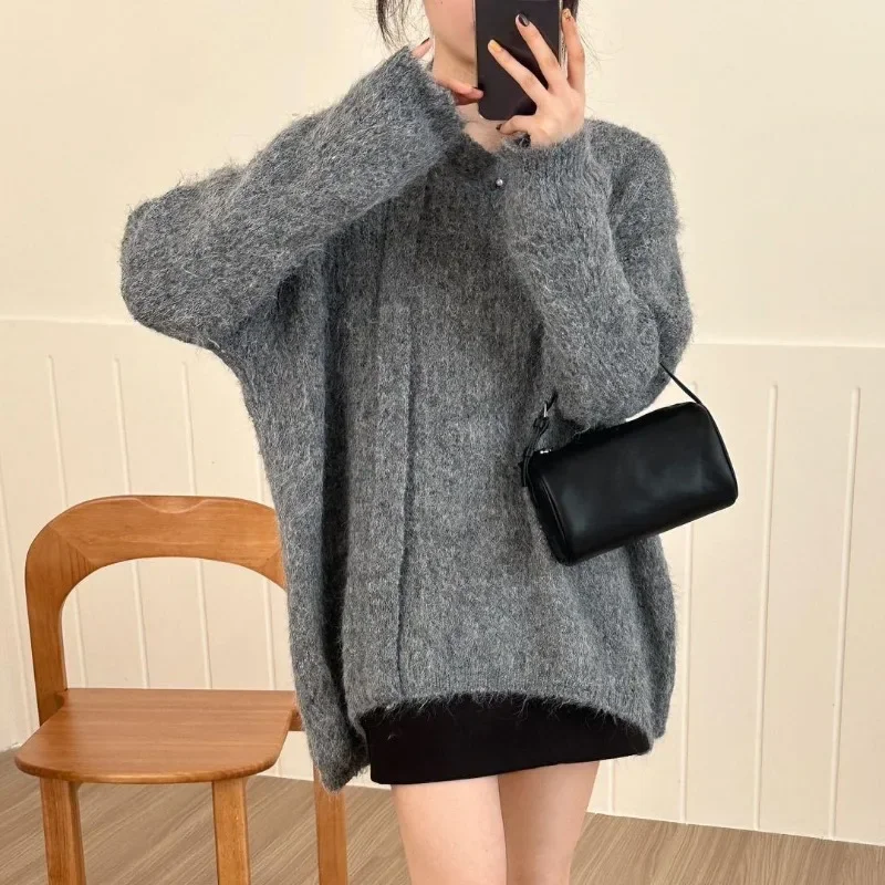 New Autumn and Winter Women's Clothing Round Neck Long-sleeved Knitted Sweater Loose and Elegant Lace-up Knitwear Long Top