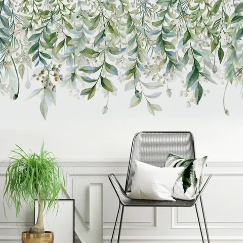 

Winding Green Plant Leaves Wall Sticker Removable Living Room Bedroom Background Home Decoration Wallpaper Combination Stickers