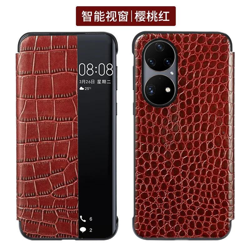 Sales Luxury Crocodile Grain Cowhide Leather Cover For Huawei P50 Pro Real Genuine Cow Skin Intelligent Sleep Window Flip Case