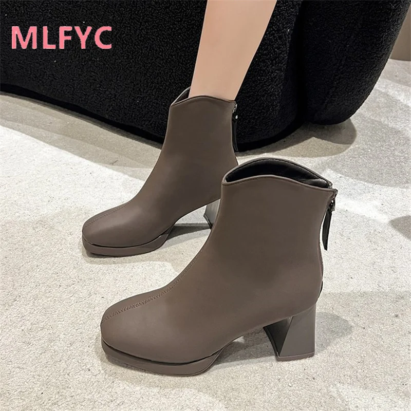 Autumn Winter New Versatile Short Boots Women Waterproof Platform High Heels ladies Thick Heels Back Zipper Style Fashion Boots