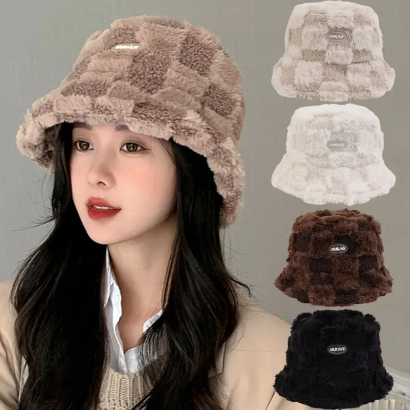 

Thickened Warm Basin Hats Lamb Down Autumn Winter Fisherman's Hat Women Colored Checkered Hats Warm Gifts Clothing Accessories