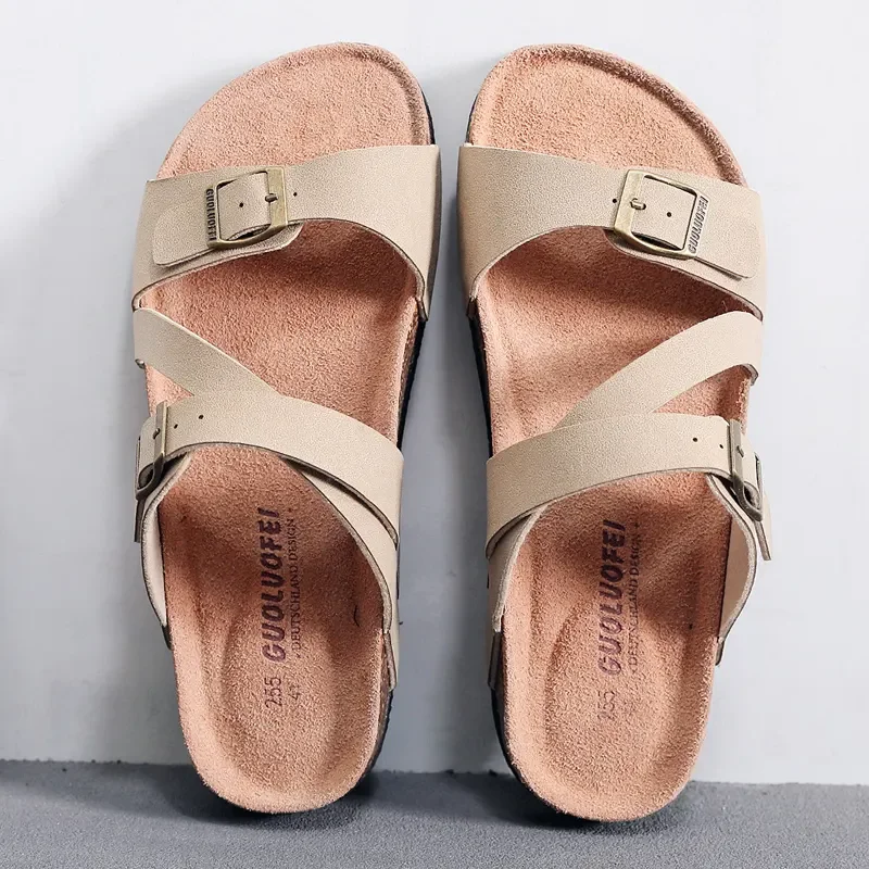 2024 New Men Women's Flat Sandals with Cork Footbed Open Toe Slides Adjustable Slip On Slippers for Summer Size 36-45