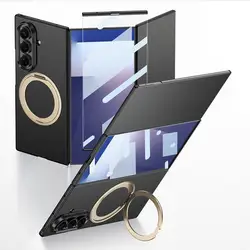 Magnetic 360° Rotating Ring Holder Case with Glass Protector for Plastic (Gold Stand Black)